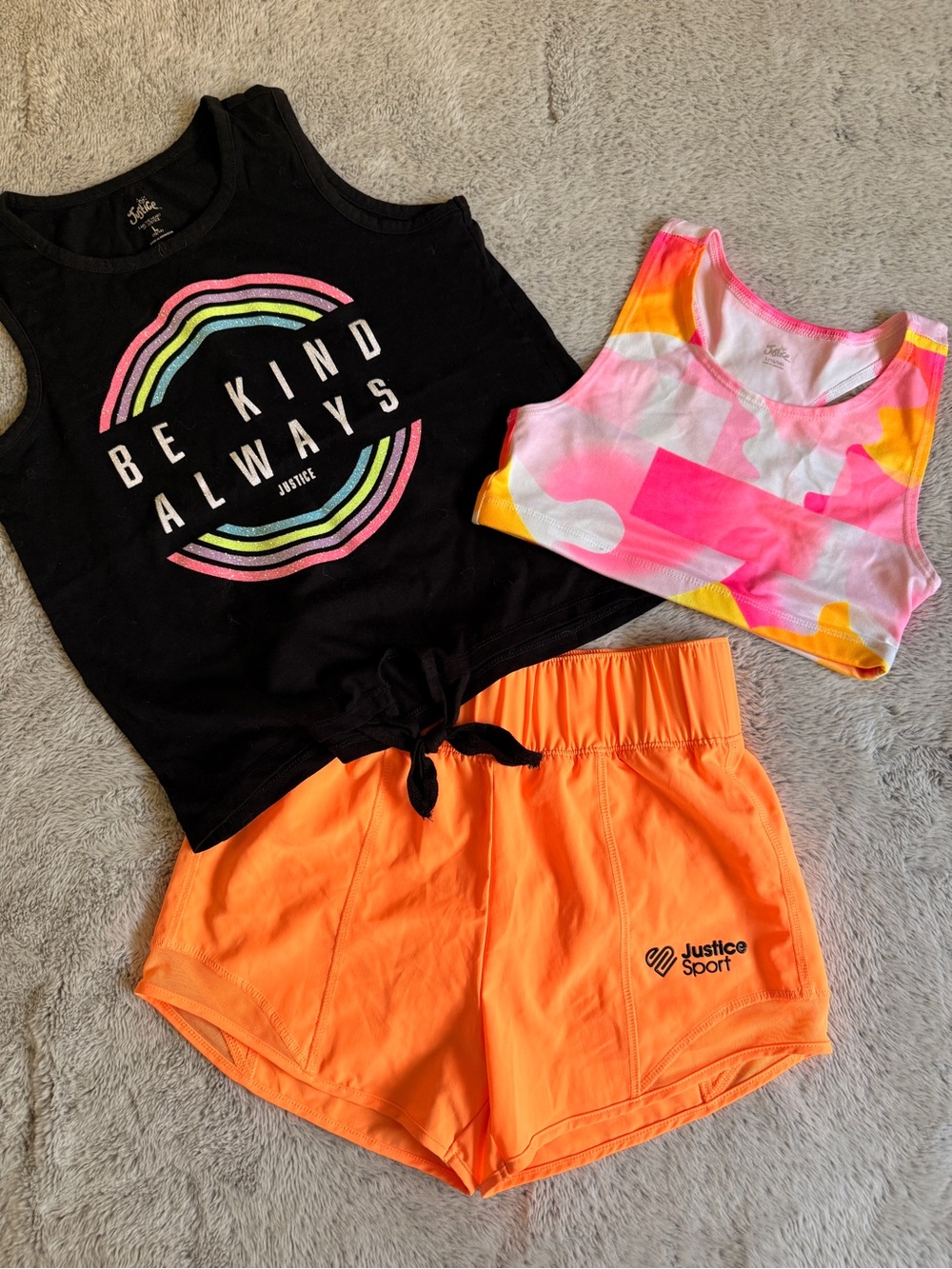 Justice Girls Black 'Be Kind Always' Tank Top, Sports Bra & Orange Shorts